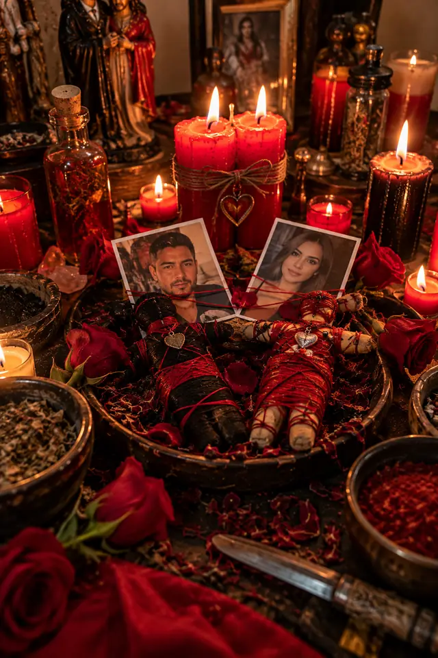 Trabajo de amarre de amor con dos figuras unidas por listón rojo sobre las fotos de la pareja, velas rojas atadas y rosas