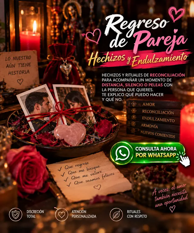 Trabajos de endulzamiento y regreso de pareja: fotos de la pareja atadas con listón rojo, cuarzo rosa en forma de corazón y consulta por WhatsApp